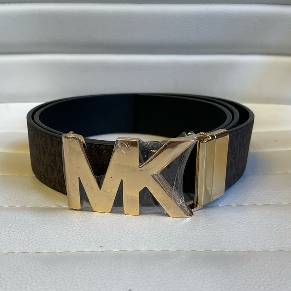 Michael Kors MK Reversible Belt Brown Logo Black Gold Monogram Buckle NEW - Picture 2 of 6